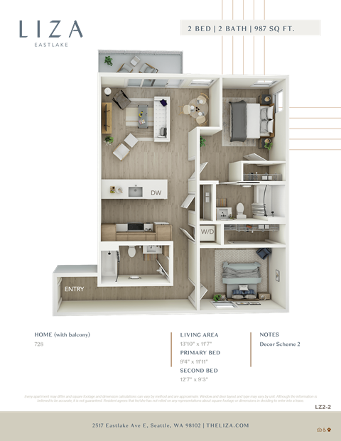Liza Apartment 3D floor plan - 2x2 987 sqft